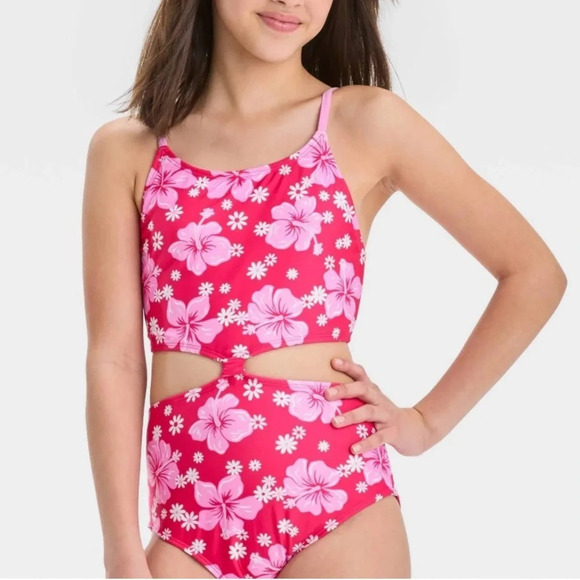 Art Class Girls' Simply Hibiscus One Piece Swimsuit Pink L (10/12) NWT - Picture 1 of 8